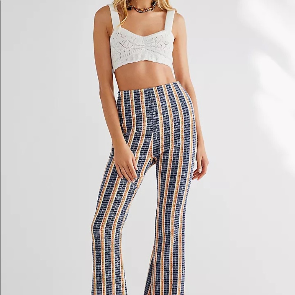 Free People Blue and Cream Striped Boot Cut Pants